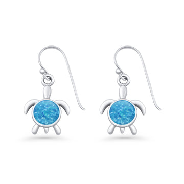 Round 15.3mm Lab Created Blue Opal Turtle Fishhook Earring 925 Sterling Silver Wholesale